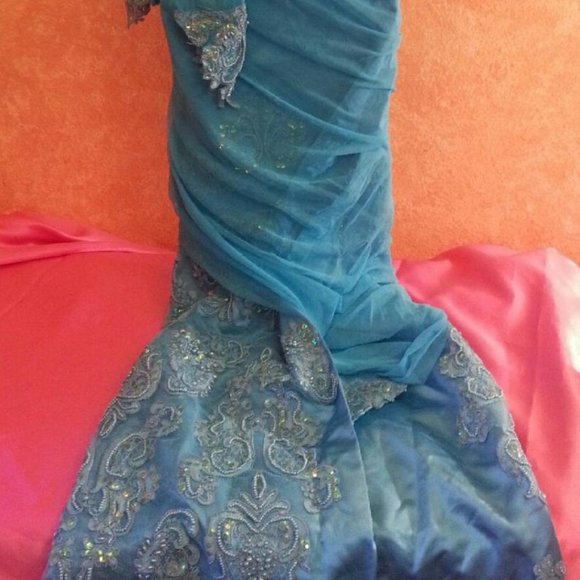 Custom Order Turquoise Lace Net Wedding Saree - Picture 4 of 8